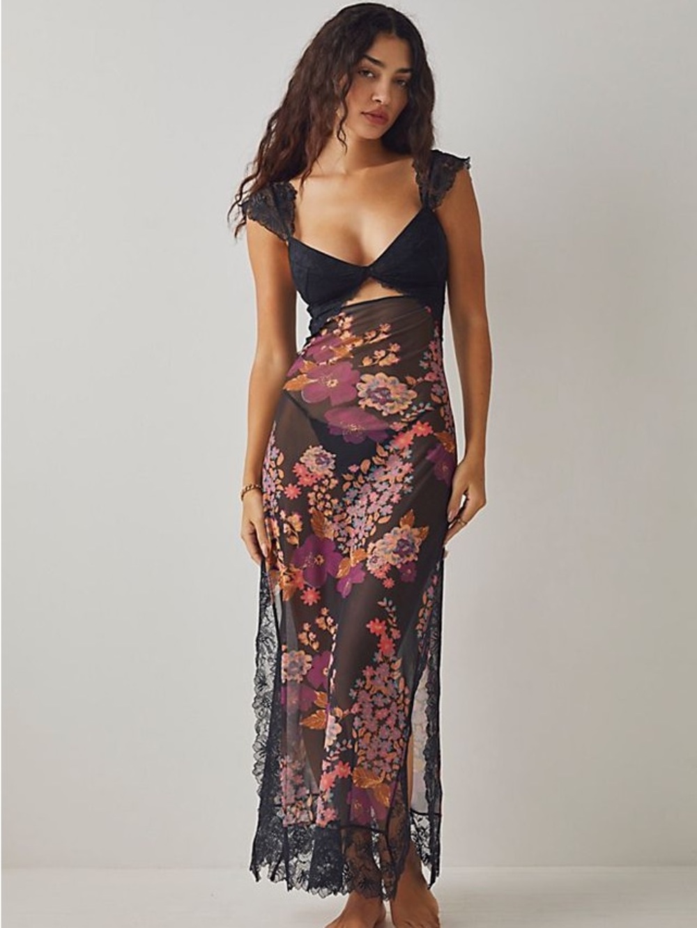 Free People Black Sheer Floral Lace Slip Dress